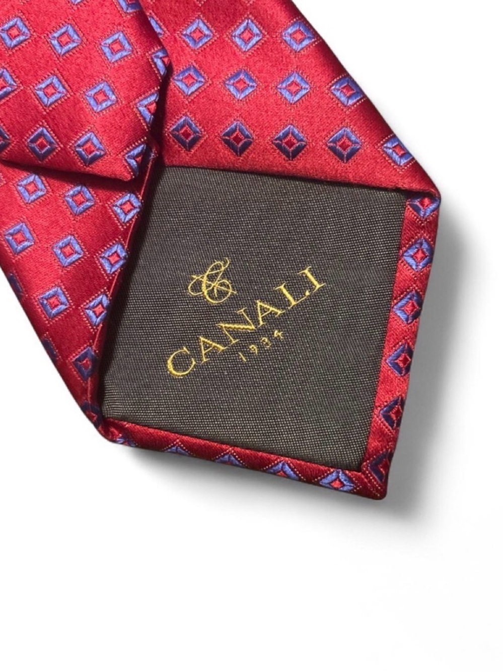 Canali Red 100% Silk Tie with Blue Geometric Motif
